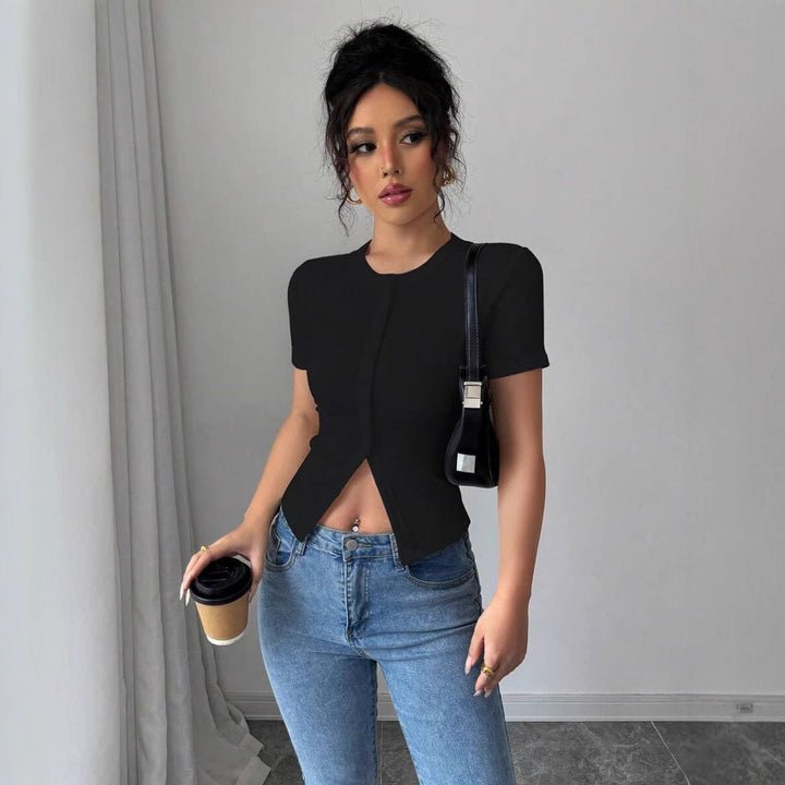 Button Front Short Sleeve Tee in Black — VerolynBoutique