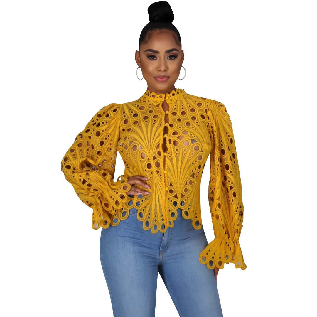 Cutout Lace Flounce Sleeve Blouse in Yellow — VerolynBoutique