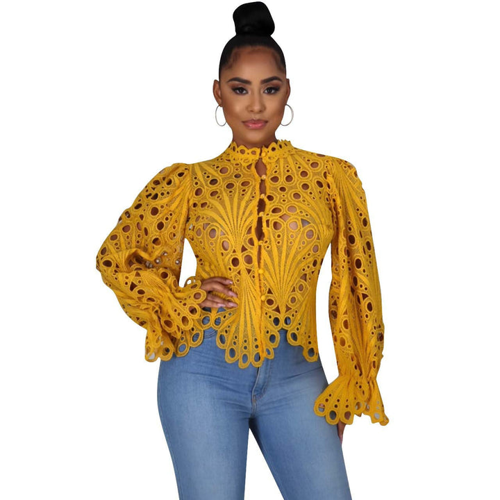 Cutout Lace Flounce Sleeve Blouse in Yellow — VerolynBoutique