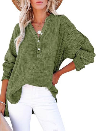 Textured V-Neck Button Blouse in Green — VerolynBoutique