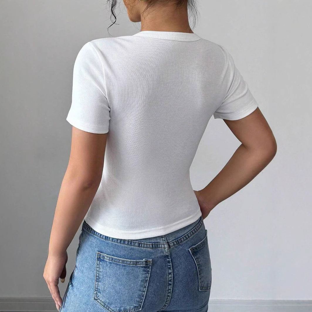 Button Front Short Sleeve Tee in Black — VerolynBoutique