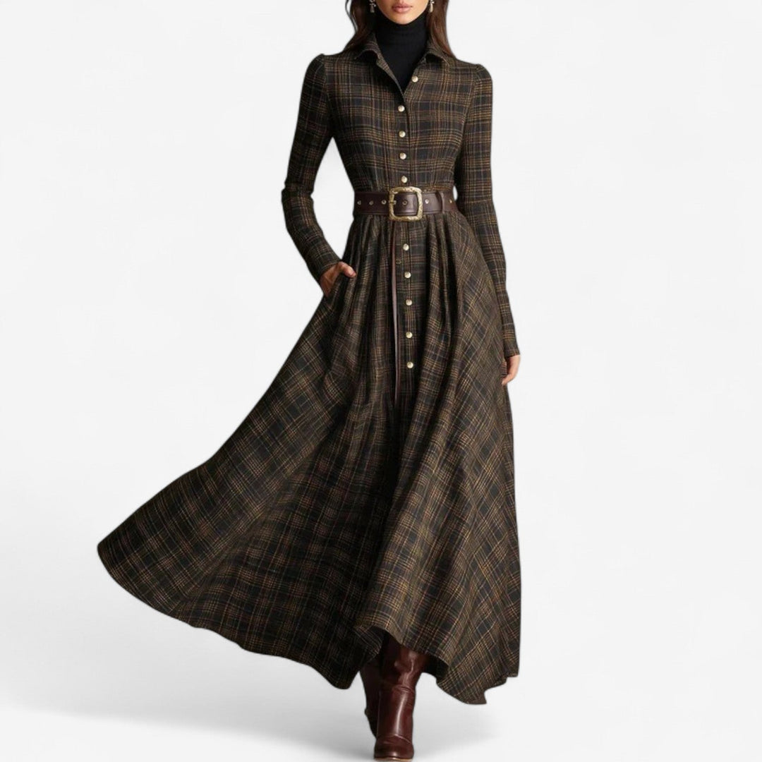 Belted Plaid Maxi Shirt Dress in Brown Plaid — VerolynBoutique