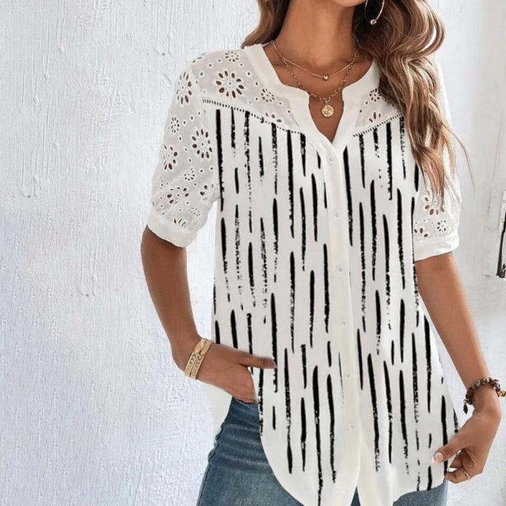 Lace Yoke Printed Blouse in Black Stripe — VerolynBoutique