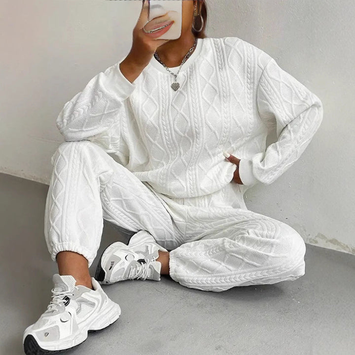 Cable Knit Sweatshirt Jogger Set in White — VerolynBoutique