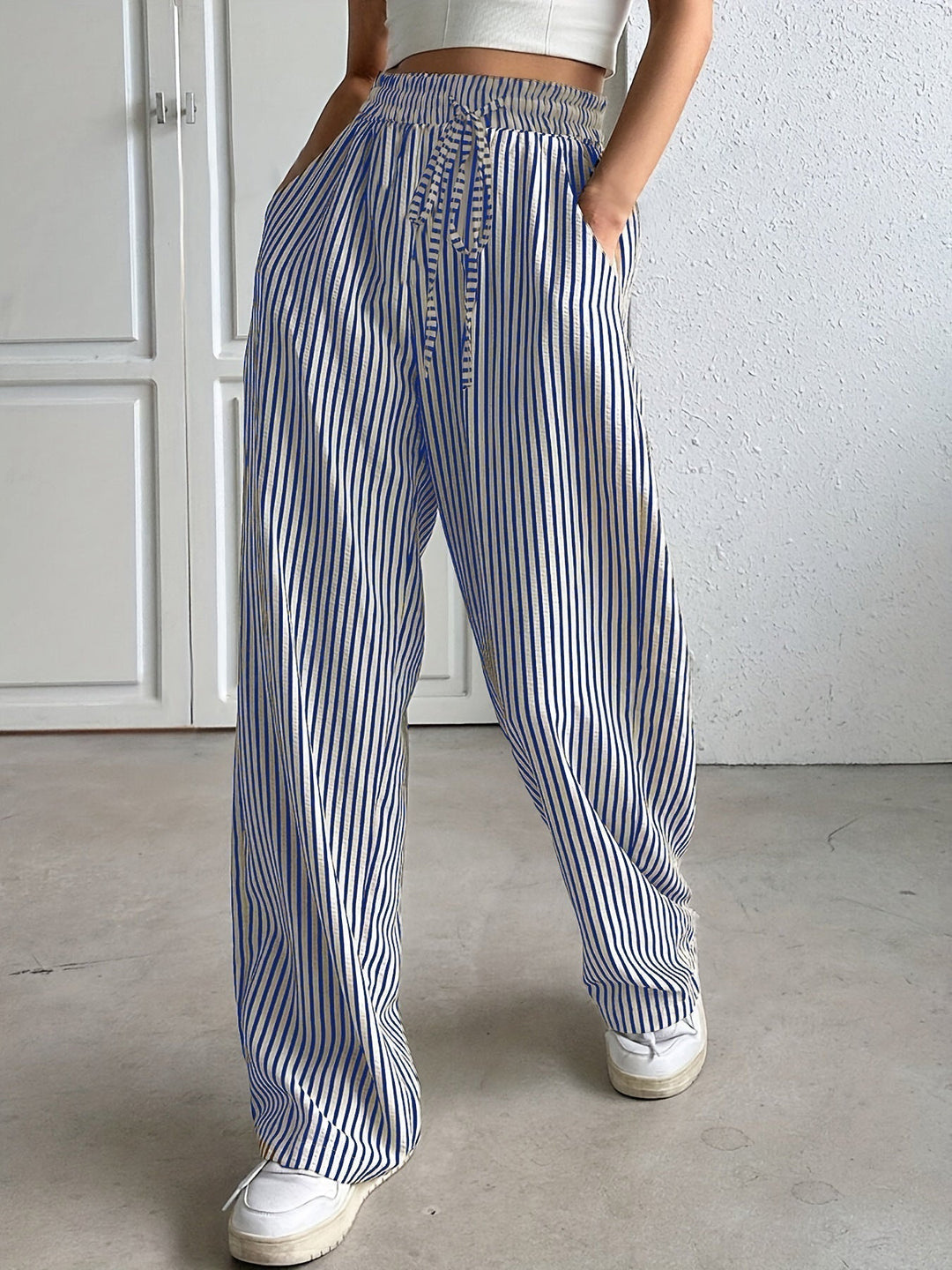 Pinstripe Drawstring Wide Leg Trousers in Blue — VerolynBoutique