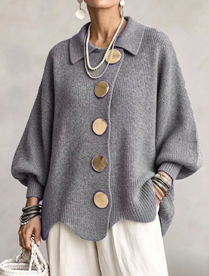 Gold Button Oversized Cardigan in Grey — VerolynBoutique