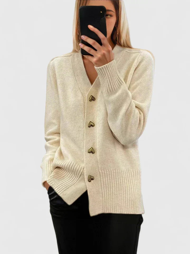 Heart Button V-Neck Cardigan in Ivory — VerolynBoutique