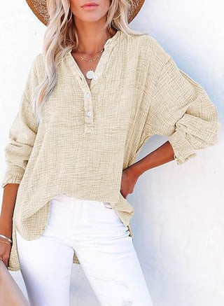 Textured V-Neck Button Blouse in Apricot — VerolynBoutique