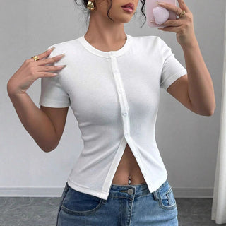 Button Front Short Sleeve Tee in Black — VerolynBoutique
