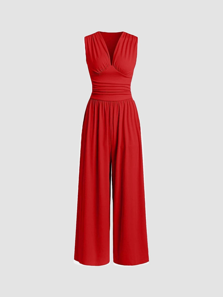 Ruched V-Neck Wide-Leg Jumpsuit in Red — VerolynBoutique