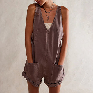 Denim Dungaree Shorts Romper in Brown — VerolynBoutique