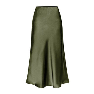 Side Slit Satin Midi Skirt in Olive — VerolynBoutique