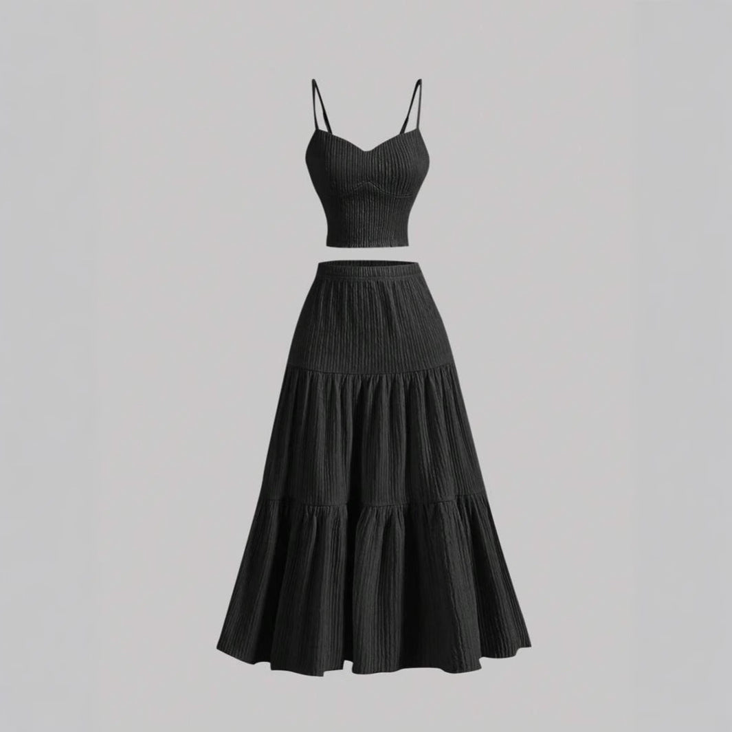 Crop Top Tiered Skirt Set in Black — VerolynBoutique