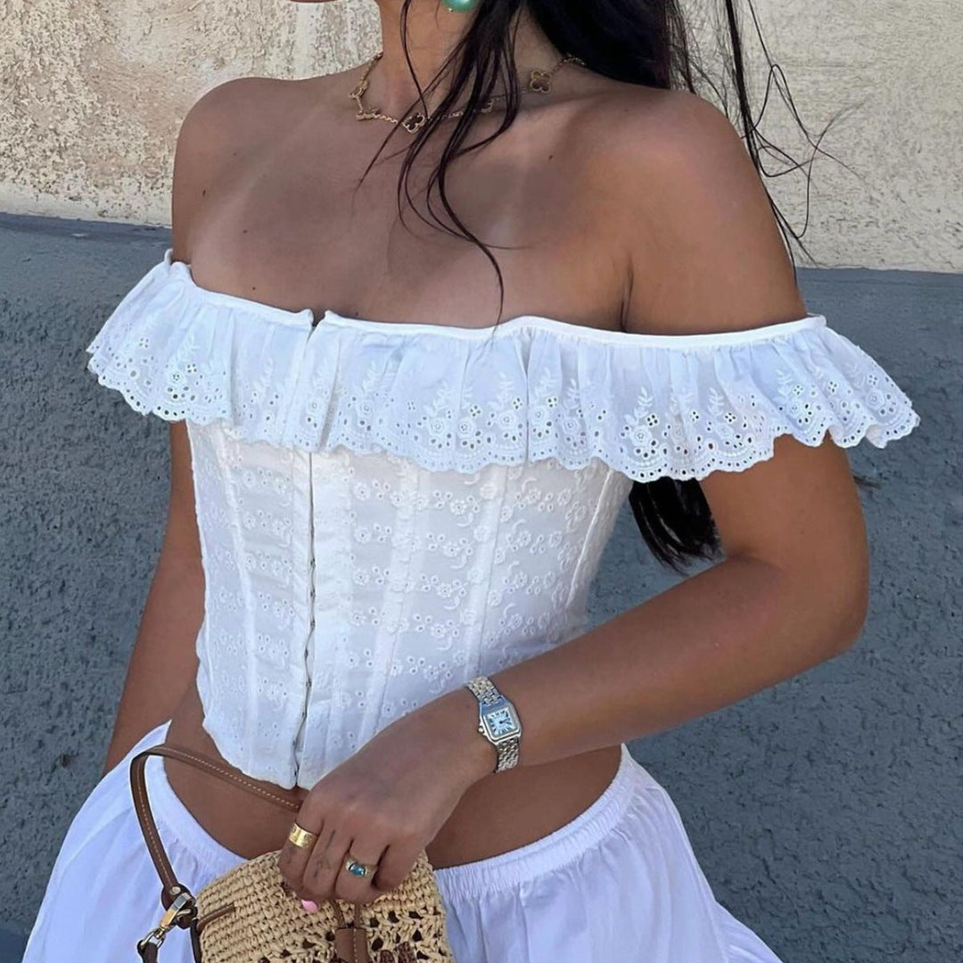 Eyelet Corset Square Neck Top in White — VerolynBoutique