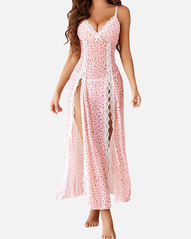 Sheer Lace Trim Maxi Nightdress in Pink — VerolynBoutique