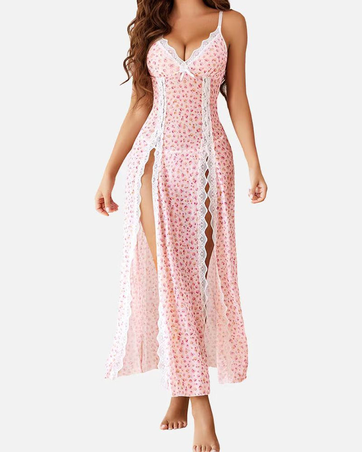 Sheer Lace Trim Maxi Nightdress in Pink — VerolynBoutique
