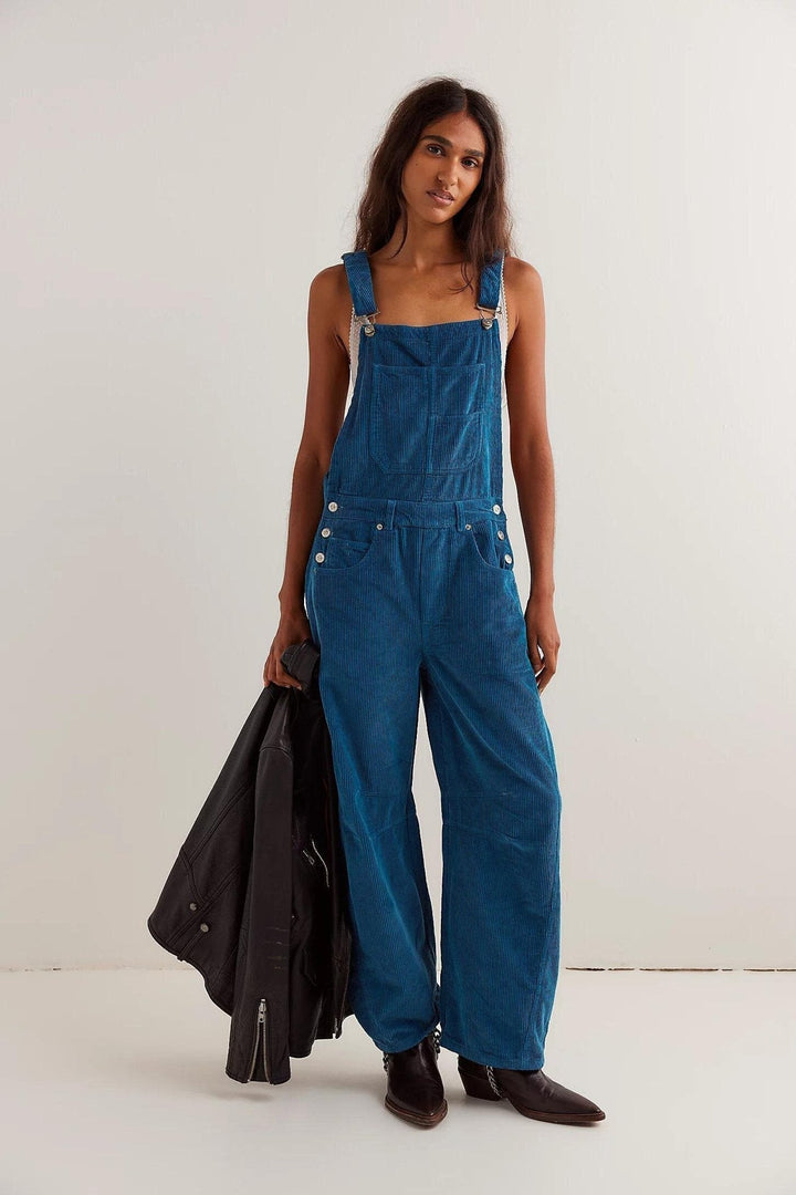 Corduroy Barrel Leg Dungarees in Navy — VerolynBoutique