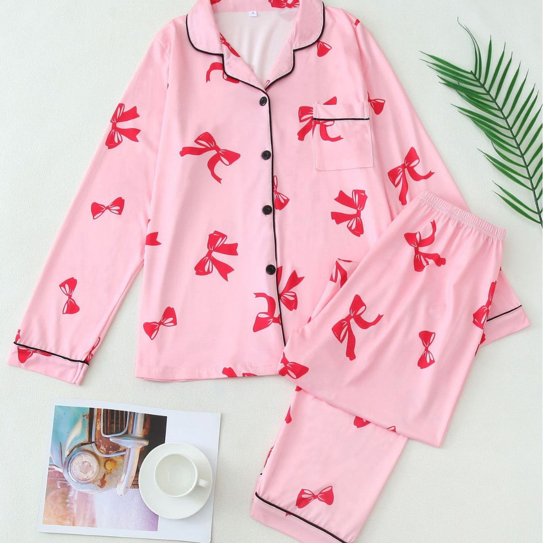 Bow Print Button Pyjama Set in Pink — VerolynBoutique