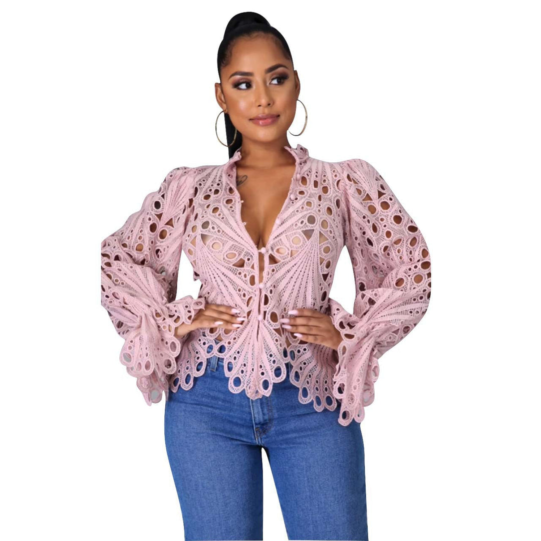 Cutout Lace Flounce Sleeve Blouse in Pink — VerolynBoutique