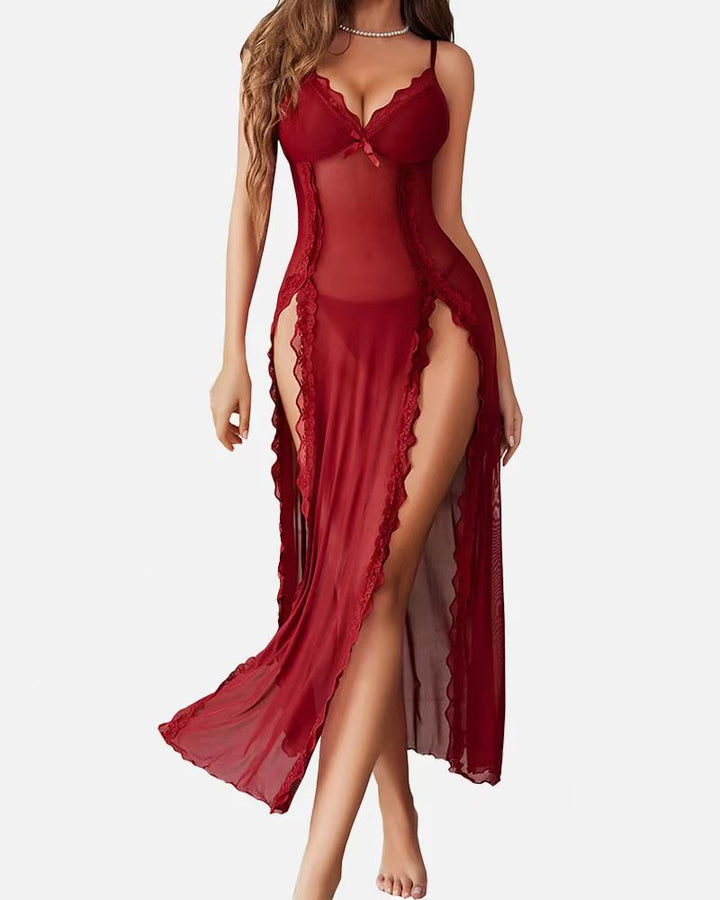 Sheer Lace Trim Maxi Nightdress in Red — VerolynBoutique