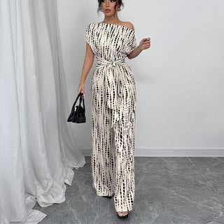 Asymmetric Tie-Waist Print Jumpsuit in Ivory &amp; Black — VerolynBoutique