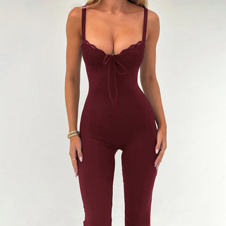 Lace Trim Sweetheart Jumpsuit in Burgundy — VerolynBoutique