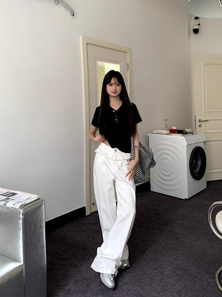 Layered Waist Wide Leg Jeans in White — VerolynBoutique
