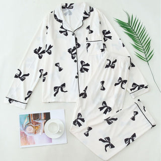 Bow Print Button Pyjama Set in White — VerolynBoutique