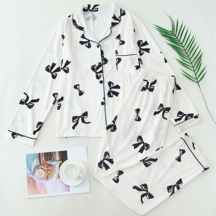 Bow Print Button Pyjama Set in White — VerolynBoutique