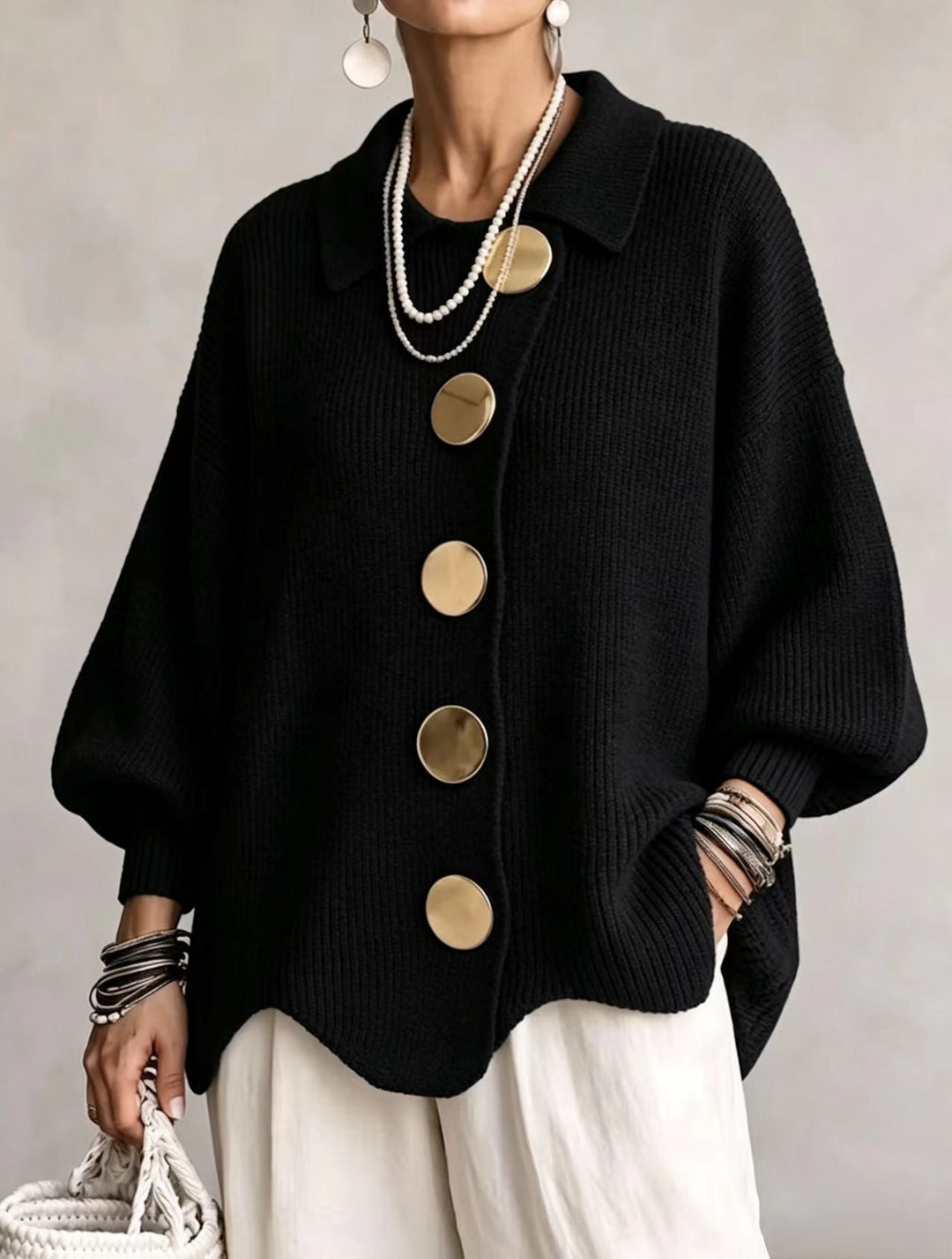 Gold Button Oversized Cardigan in Black — VerolynBoutique