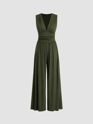 Ruched V-Neck Wide-Leg Jumpsuit in Olive — VerolynBoutique
