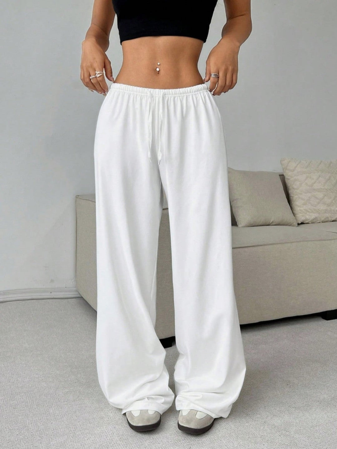 Relaxed Drawstring Wide Leg Trousers in White — VerolynBoutique