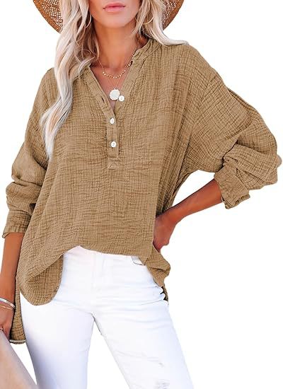 Textured V-Neck Button Blouse in Khaki — VerolynBoutique
