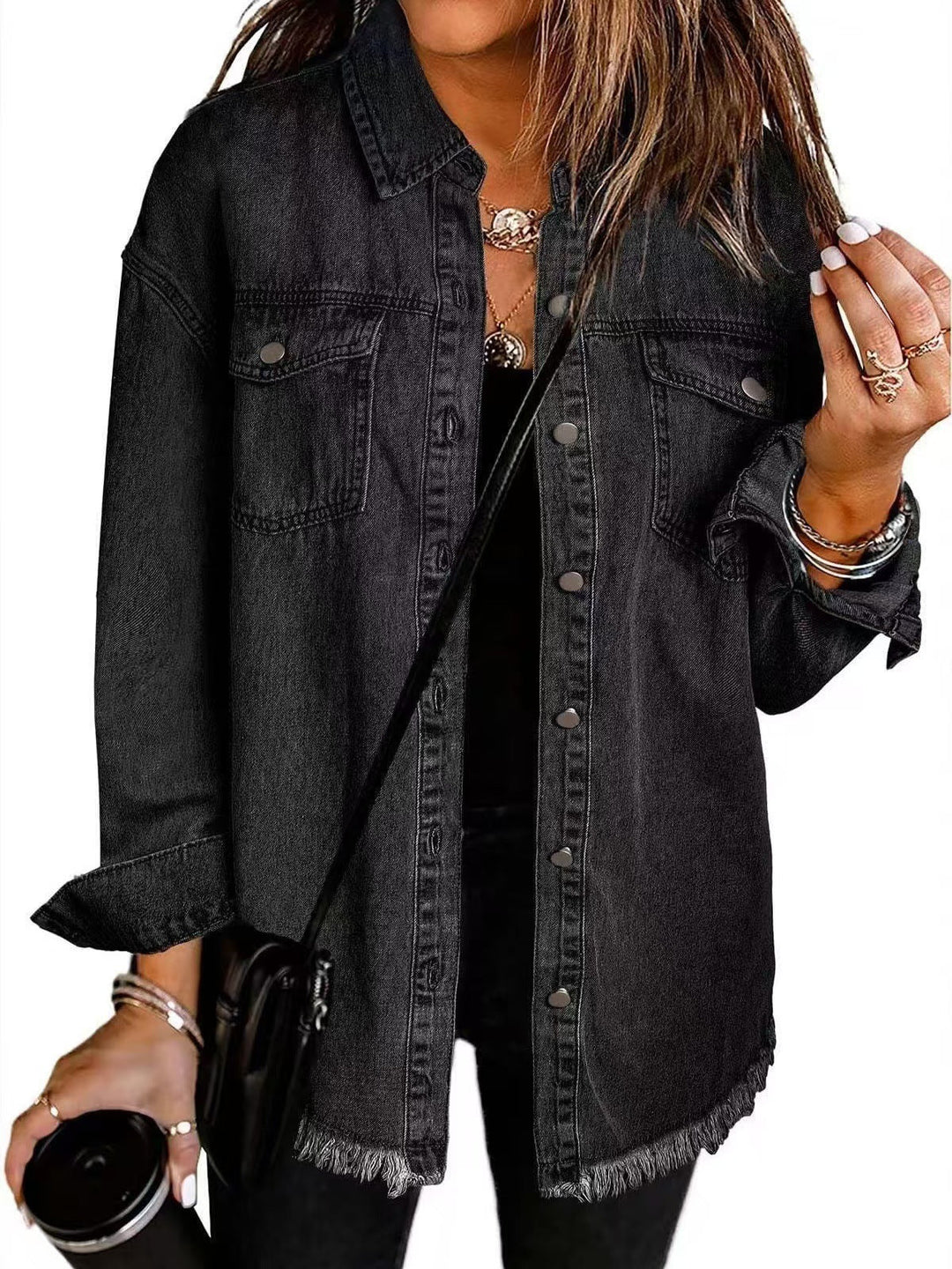 Oversized Frayed Hem Denim Jacket in Black — VerolynBoutique