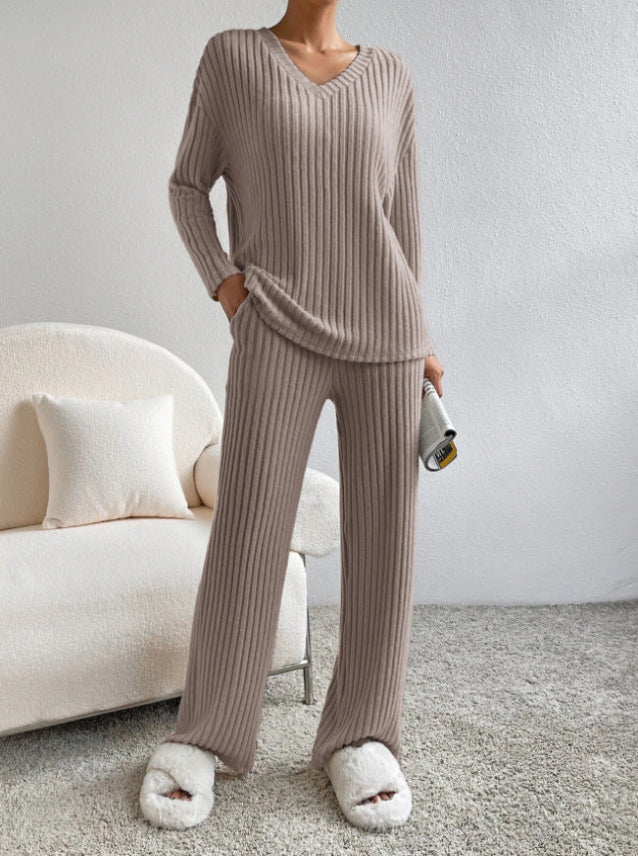 Ribbed V-Neck Lounge Set in Grey — VerolynBoutique