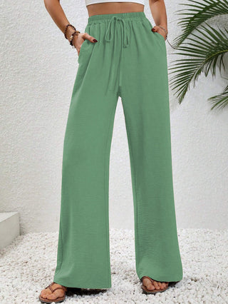 Flowy Drawstring Wide Leg Trousers in Green — VerolynBoutique