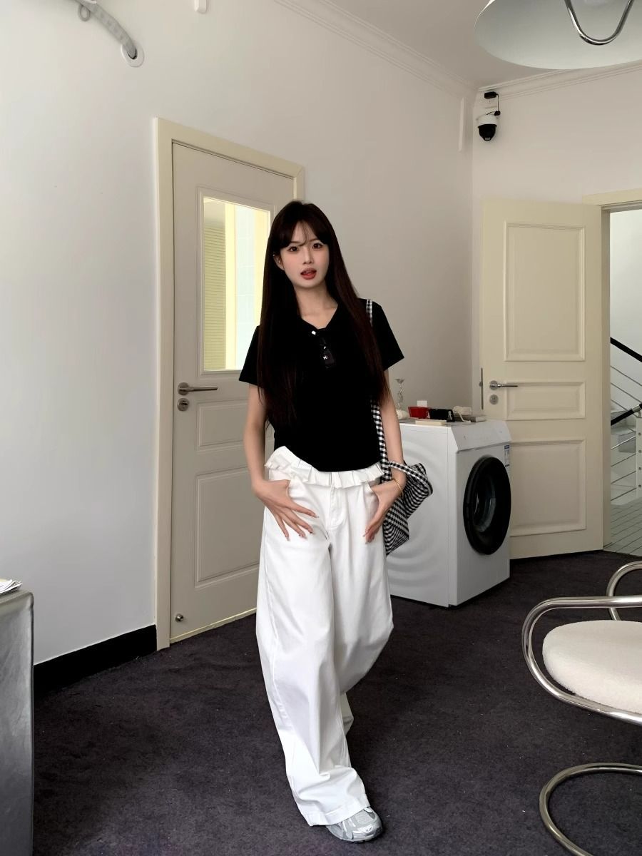 Layered Waist Wide Leg Jeans in White — VerolynBoutique