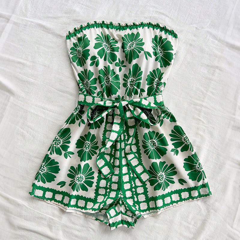 Strapless Floral Tie-Waist Playsuit in Green — VerolynBoutique