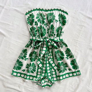 Strapless Floral Tie-Waist Playsuit in Green — VerolynBoutique