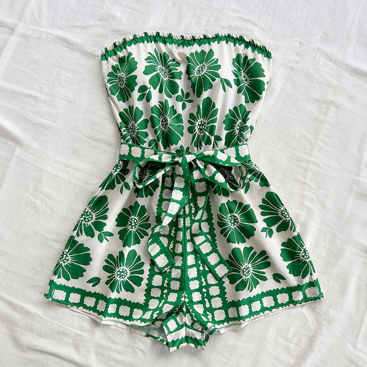 Strapless Floral Tie-Waist Playsuit in Green — VerolynBoutique