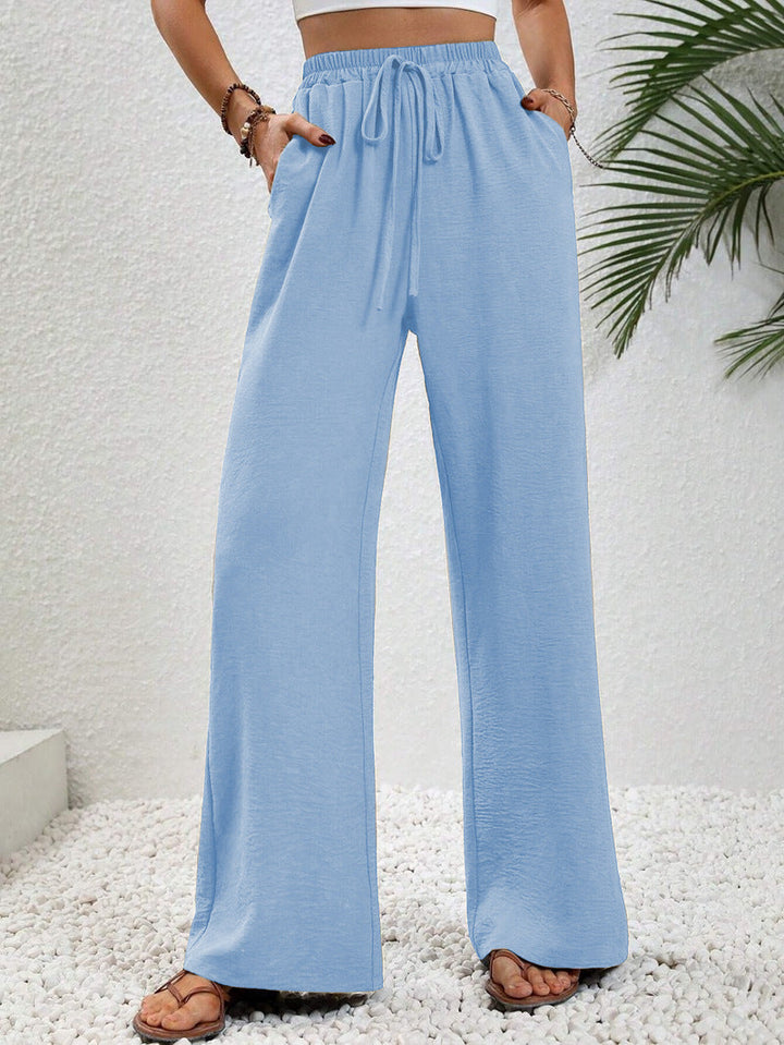 Flowy Drawstring Wide Leg Trousers in Sky Blue — VerolynBoutique