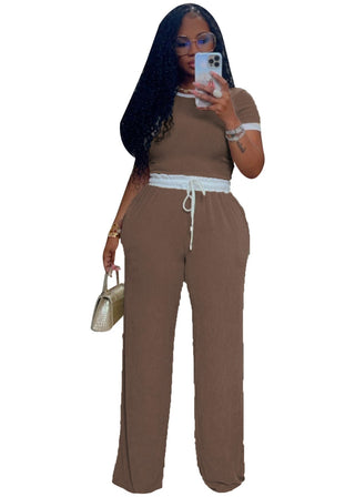 Contrast Trim Tee Trouser Set in Khaki — VerolynBoutique