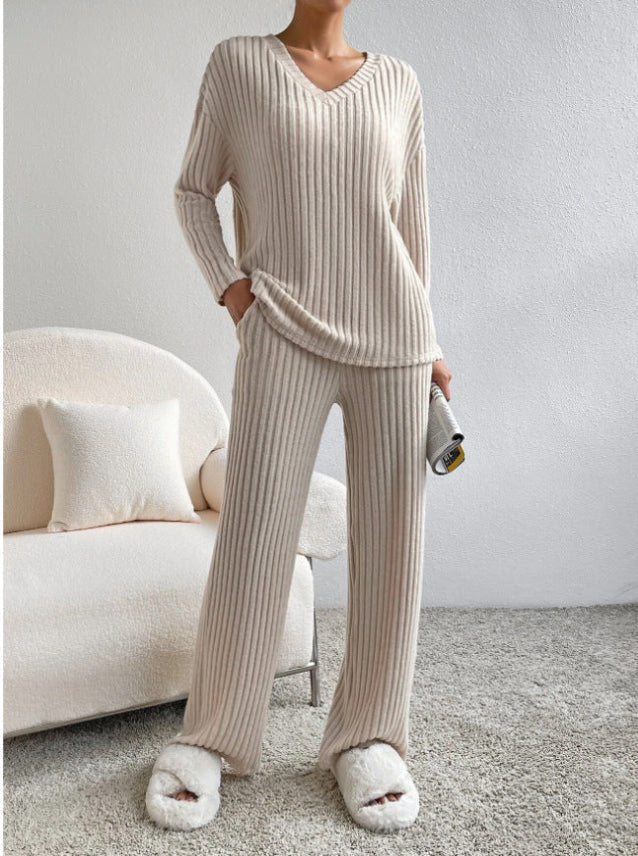 Ribbed V-Neck Lounge Set in Apricot — VerolynBoutique