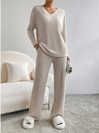 Ribbed V-Neck Lounge Set in Apricot — VerolynBoutique