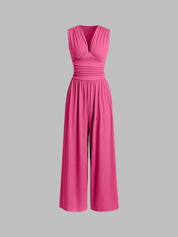 Ruched V-Neck Wide-Leg Jumpsuit in Fuchsia — VerolynBoutique