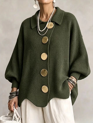 Gold Button Oversized Cardigan in Olive — VerolynBoutique
