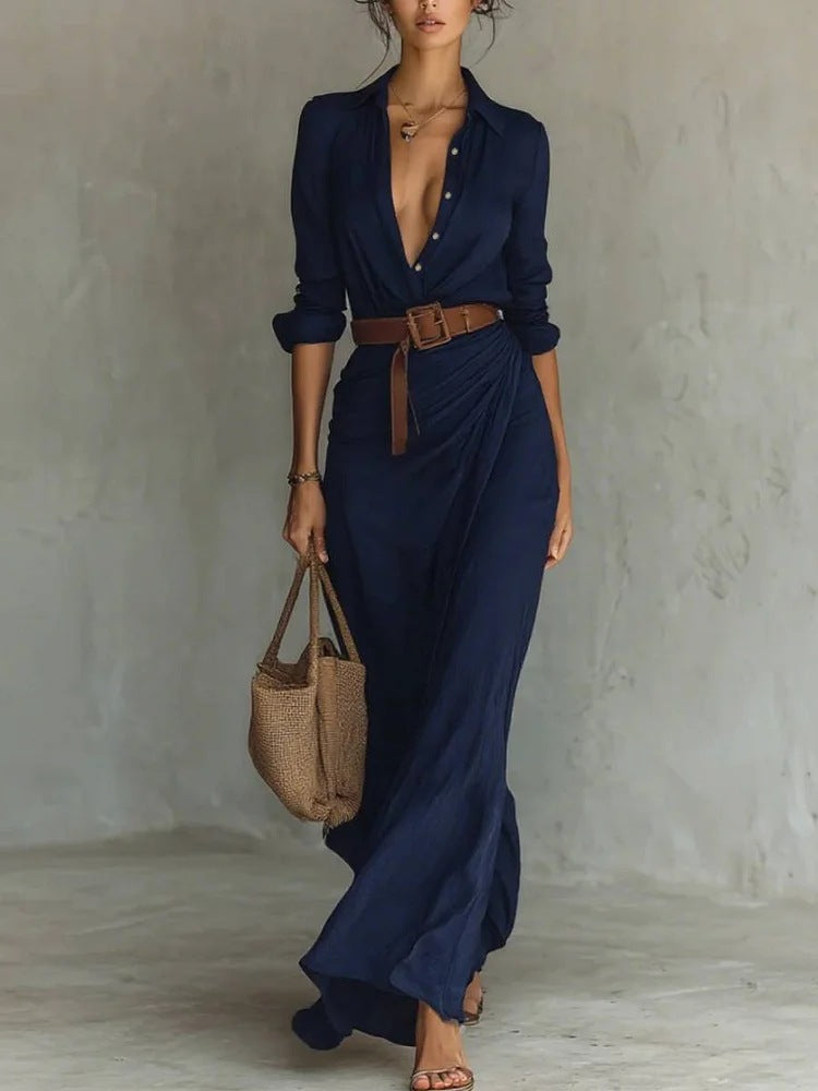 Lapel Wrap Belted Maxi Dress in Navy — VerolynBoutique