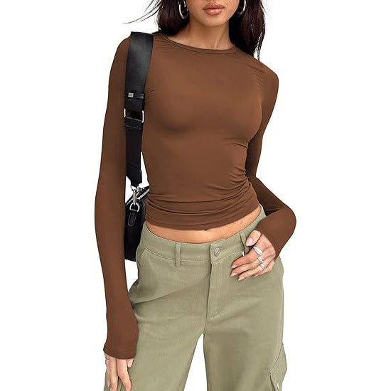Fitted Crew Neck Top in Brown — VerolynBoutique