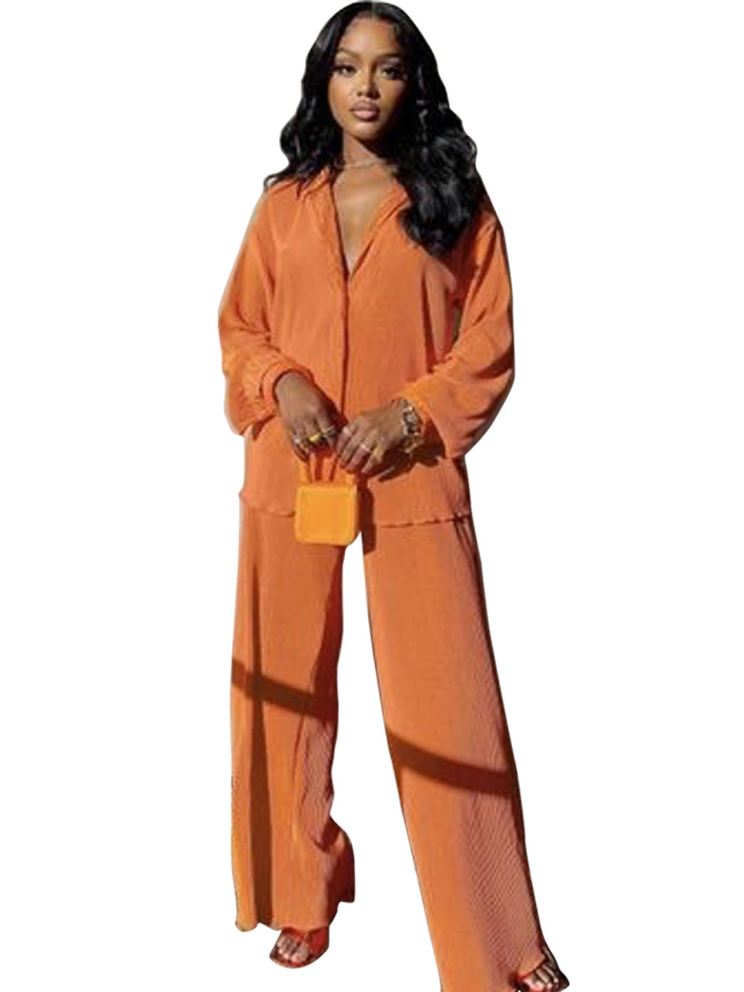Collared Shirt Wide-Leg Trouser Set in Orange — VerolynBoutique