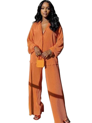 Collared Shirt Wide-Leg Trouser Set in Orange — VerolynBoutique